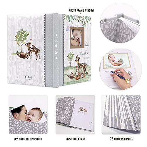 Holoary First 5 Years Baby Memory Book, 76 Colourful Illustrated Journal Pages Baby Record Book Album, Keepsake for Newborn Baby Boy or Baby Girl, Woodland Animals Design