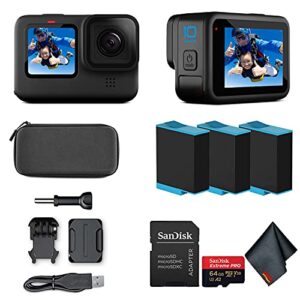 gopro hero10 (hero 10) black - waterproof action camera with front lcd and touch rear screens, gp2 engine, 5k hd video, 23mp photos, live streaming, 64gb extreme pro card and 2 extra batteries