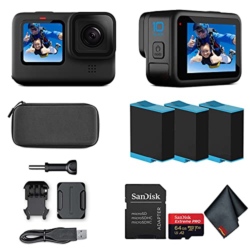 GoPro HERO10 (Hero 10) Black - Waterproof Action Camera with Front LCD and Touch Rear Screens, GP2 Engine, 5K HD Video, 23MP Photos, Live Streaming, 64GB Extreme Pro Card and 2 Extra Batteries