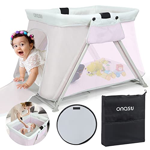 Portable Playard with Bassinet Insert for Babies Activity Indoor Outdoor Onasti Playpen with UPF Sunshade Folding Compact for Family Travel Beach Light Grey Themed