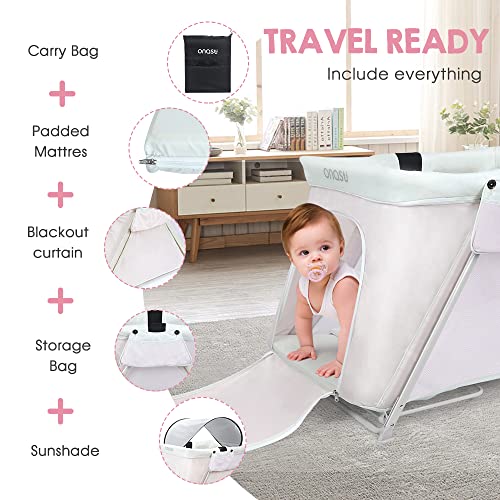 Portable Playard with Bassinet Insert for Babies Activity Indoor Outdoor Onasti Playpen with UPF Sunshade Folding Compact for Family Travel Beach Light Grey Themed