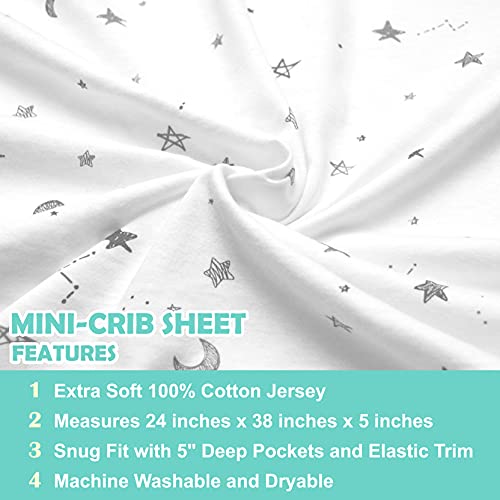TL Care 2 Pack Printed 100% Natural Cotton Jersey Knit Fitted Portable/Mini-Crib Sheet,Gray Stars/Zigzag, Soft Breathable, for Boys and Girls