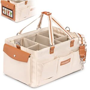 diaper caddy with shoulder strap & entertainment pouch keeps baby still for diaper change. waterproof diaper organizer canvas fabric wipe clean. diaper caddy organizer multiple compartments (beige)