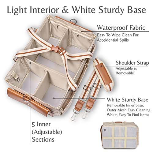 Diaper Caddy With Shoulder Strap & Entertainment Pouch Keeps Baby Still For Diaper Change. Waterproof Diaper Organizer Canvas Fabric Wipe Clean. Diaper Caddy Organizer Multiple Compartments (Beige)