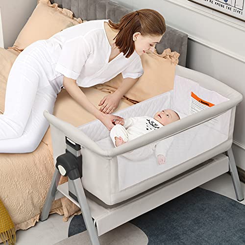 INFANS 3 in 1 Baby Bassinets, Bedside Sleeper for Newborn, Folding Crib with Mattress, Travel Bag, Wheels, 4-Sided Mesh, Easy to Assemble Cradle Co Sleeper Stationary Rock, Cream