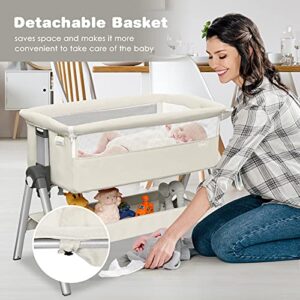 INFANS 3 in 1 Baby Bassinets, Bedside Sleeper for Newborn, Folding Crib with Mattress, Travel Bag, Wheels, 4-Sided Mesh, Easy to Assemble Cradle Co Sleeper Stationary Rock, Cream