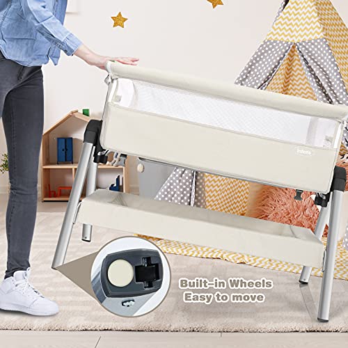 INFANS 3 in 1 Baby Bassinets, Bedside Sleeper for Newborn, Folding Crib with Mattress, Travel Bag, Wheels, 4-Sided Mesh, Easy to Assemble Cradle Co Sleeper Stationary Rock, Cream