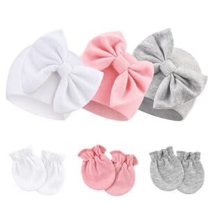 BQUBO Newborn Baby Hospital Hats Beanie Bow Infant Caps Baby Cotton No Scratch Mittens Set for 0-6 Months