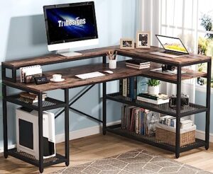 tribesigns l shaped desk with storage and monitor stand, industrial home office computer desk with storage shelves, 59 inch corner desk with monitor shelf(brown)