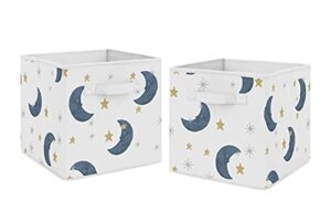 sweet jojo designs moon and star foldable fabric storage cube bins boxes organizer toys kids baby children's - set of 2 - navy blue and gold watercolor celestial sky gender neutral outer space galaxy