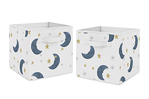 Sweet Jojo Designs Moon and Star Foldable Fabric Storage Cube Bins Boxes Organizer Toys Kids Baby Children's - Set of 2 - Navy Blue and Gold Watercolor Celestial Sky Gender Neutral Outer Space Galaxy