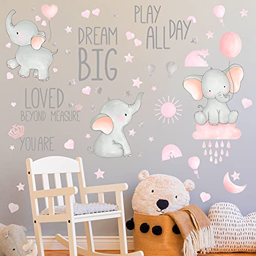 Dream Big Little One Elephant Wall Stickers Baby Room Wall Decals Moon Hot Air Balloon Grey Stars Wall Decals for Nursery Kids Room Living Room Bedroom Decorations Home Decor (Cute Style)