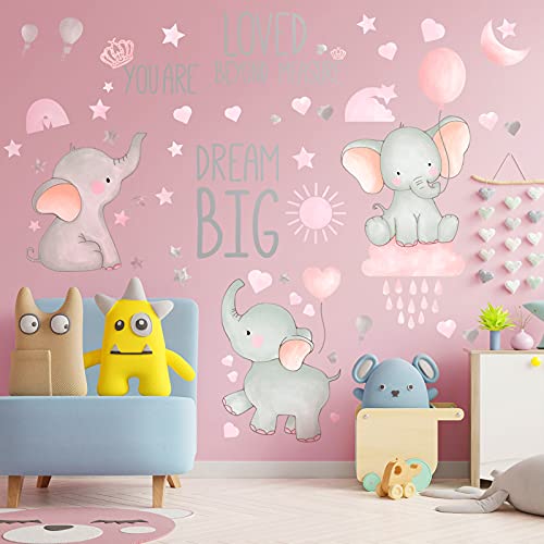 Dream Big Little One Elephant Wall Stickers Baby Room Wall Decals Moon Hot Air Balloon Grey Stars Wall Decals for Nursery Kids Room Living Room Bedroom Decorations Home Decor (Cute Style)