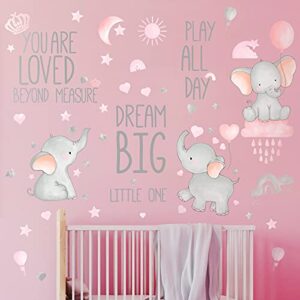 Dream Big Little One Elephant Wall Stickers Baby Room Wall Decals Moon Hot Air Balloon Grey Stars Wall Decals for Nursery Kids Room Living Room Bedroom Decorations Home Decor (Cute Style)