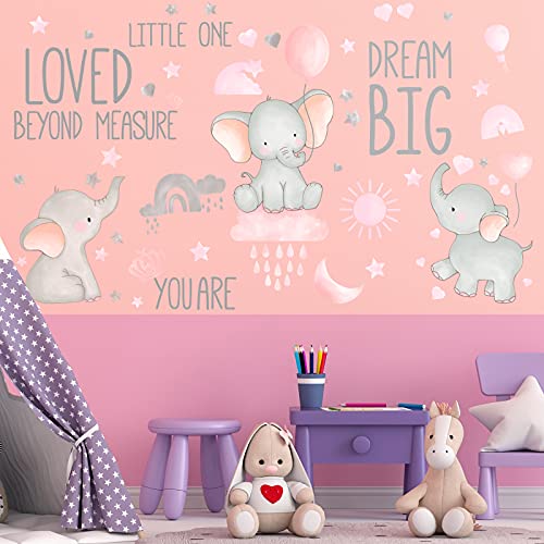 Dream Big Little One Elephant Wall Stickers Baby Room Wall Decals Moon Hot Air Balloon Grey Stars Wall Decals for Nursery Kids Room Living Room Bedroom Decorations Home Decor (Cute Style)