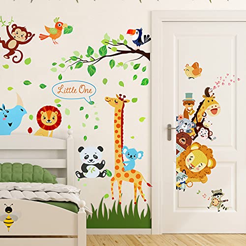 Wall Decals for Nursery Room Animal Tree Wall Stickers Baby Door Cartoon Decor Jungle Safari Giraffe Elephant DIY Children Murals Decoration Removable Wallpaper for Boy Girl Room Bedroom Wardrobe