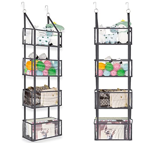 VERONLY Over The Door Hanging Pantry Organizer - Wall Mount Storage with 4 Large Clear Plastic Pockets & 2 Metal Hooks for Baby Kids Toys,Playroom,Nursery,Diapers,Bathroom,Kitchen,Dorm (Grey)