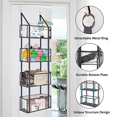 VERONLY Over The Door Hanging Pantry Organizer - Wall Mount Storage with 4 Large Clear Plastic Pockets & 2 Metal Hooks for Baby Kids Toys,Playroom,Nursery,Diapers,Bathroom,Kitchen,Dorm (Grey)