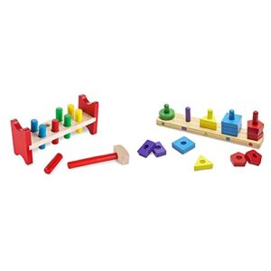 melissa & doug deluxe wooden pound-a-peg toy with hammer and stack and sort board - wooden educational toy with 15 solid wood pieces red, blue, yellow, green, brown