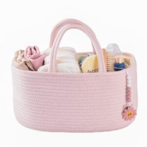 baby diaper caddy organizer for girl boy rope nursery storage bin basket portable holder tote bag for changing table car travel baby shower gifts newborn essentials registry must have items pink