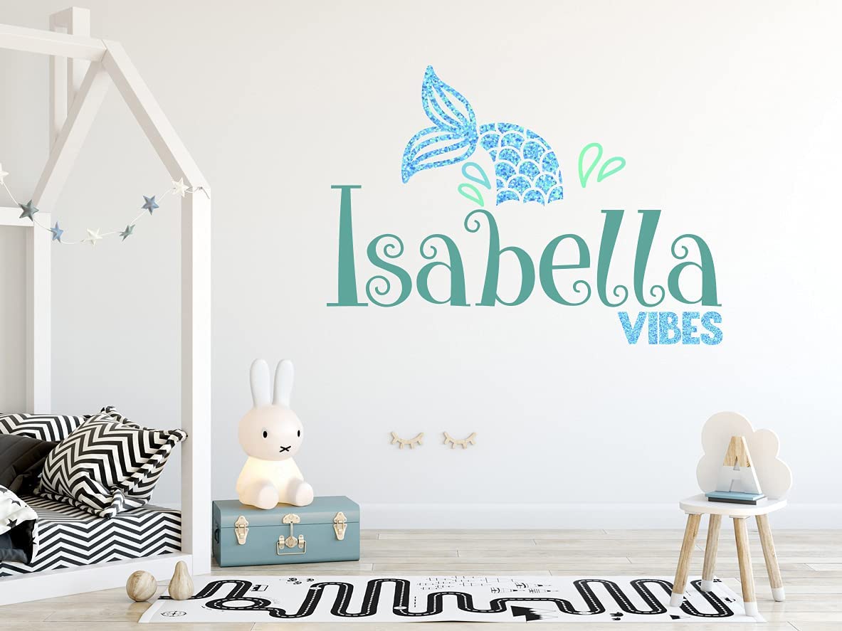 Mermaid Custom Name Wall Decal - Girls Personalized Name Mermaid Tail Wall Sticker - Sparkle Mermaid Wall Decor - Girls Personalize Name Wall Art Sticker - Wall Decal for Nursery Playroom Bedroom Decoration (Wide 15"x11" Height)