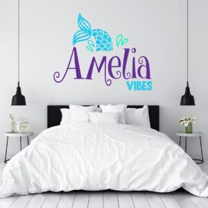 Mermaid Custom Name Wall Decal - Girls Personalized Name Mermaid Tail Wall Sticker - Sparkle Mermaid Wall Decor - Girls Personalize Name Wall Art Sticker - Wall Decal for Nursery Playroom Bedroom Decoration (Wide 15"x11" Height)