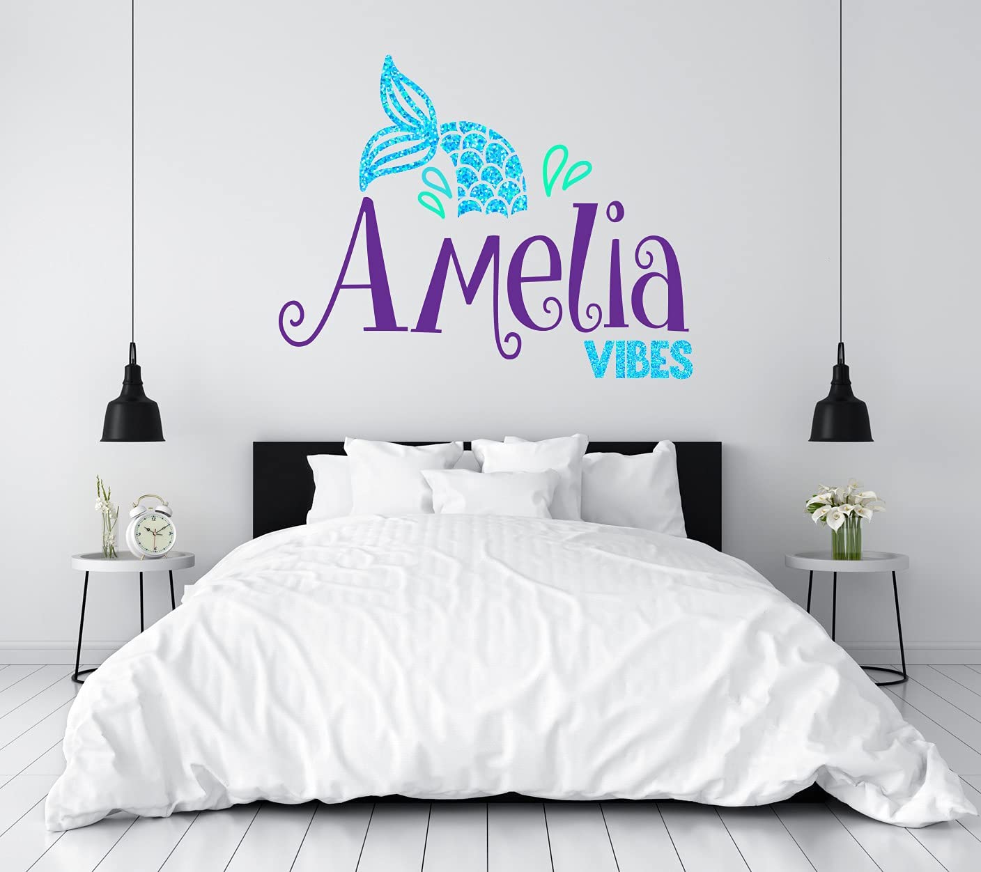 Mermaid Custom Name Wall Decal - Girls Personalized Name Mermaid Tail Wall Sticker - Sparkle Mermaid Wall Decor - Girls Personalize Name Wall Art Sticker - Wall Decal for Nursery Playroom Bedroom Decoration (Wide 15"x11" Height)