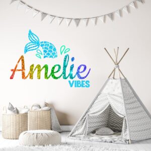 Mermaid Custom Name Wall Decal - Girls Personalized Name Mermaid Tail Wall Sticker - Sparkle Mermaid Wall Decor - Girls Personalize Name Wall Art Sticker - Wall Decal for Nursery Playroom Bedroom Decoration (Wide 15"x11" Height)