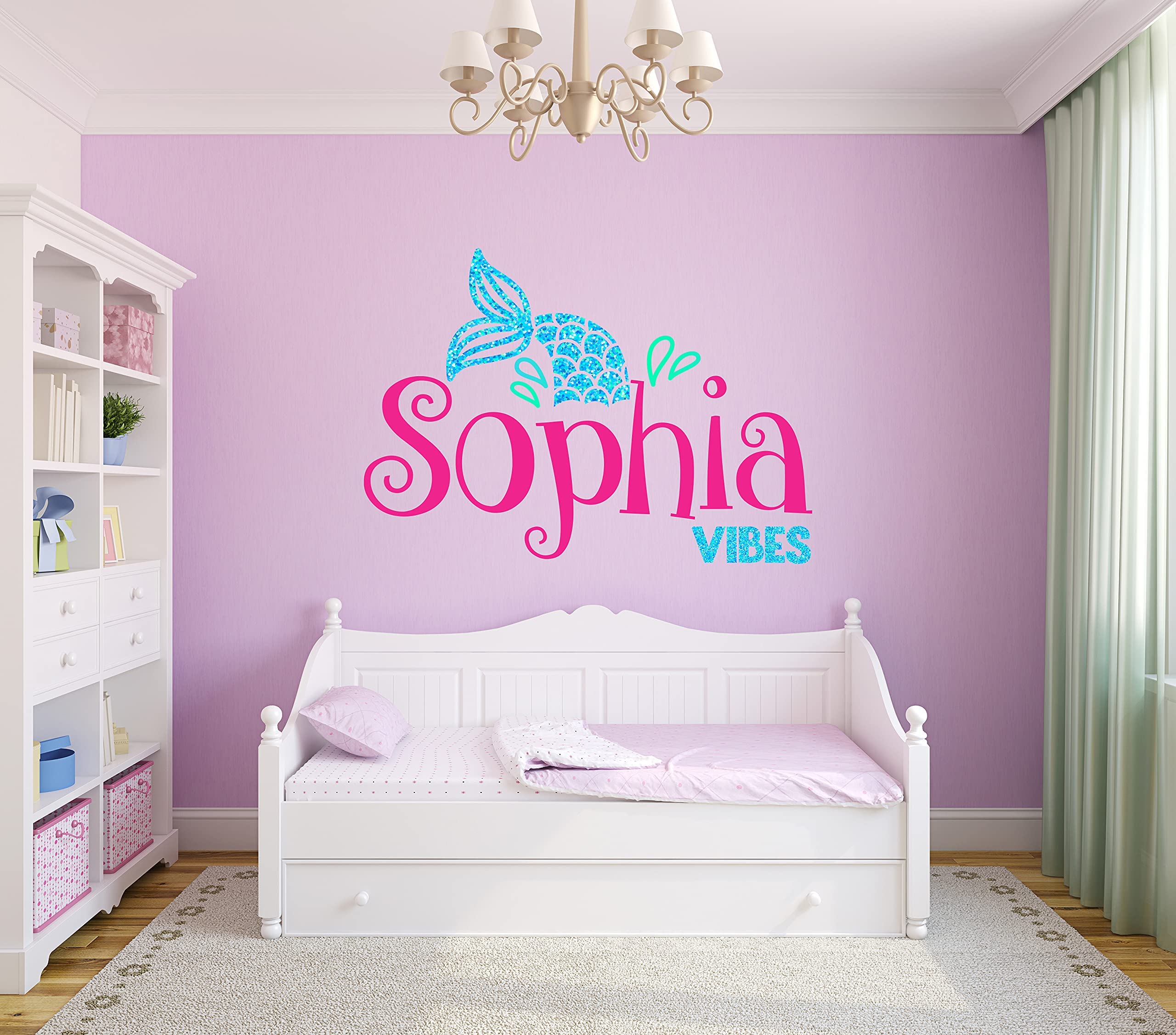 Mermaid Custom Name Wall Decal - Girls Personalized Name Mermaid Tail Wall Sticker - Sparkle Mermaid Wall Decor - Girls Personalize Name Wall Art Sticker - Wall Decal for Nursery Playroom Bedroom Decoration (Wide 15"x11" Height)