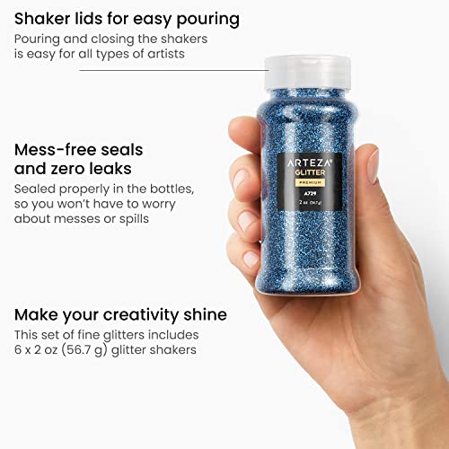 Arteza Fine Glitter Set, 6 x 2-oz Bottles, Ocean-Toned Glitter for Resin, Glue, Acrylic Paint, Arts and Crafts Supplies for Creating DIY Projects and Holiday Art