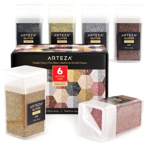 arteza fine glitter, set of 6, metallic glitter for resin in 1.5-oz bottles, arts and crafts supplies for art class, after-school programs, and holiday craft projects