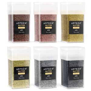 Arteza Fine Glitter, Set of 6, Metallic Glitter for Resin in 1.5-oz Bottles, Arts and Crafts Supplies for Art Class, After-School Programs, and Holiday Craft Projects