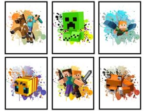 pixel mine game posters for boys room decor – 8x10 inches unframed set of 6 by group dmr, fun wall art, miner gamer themed wall decor, video game gaming gamer watercolor posters prints pictures wall art decor