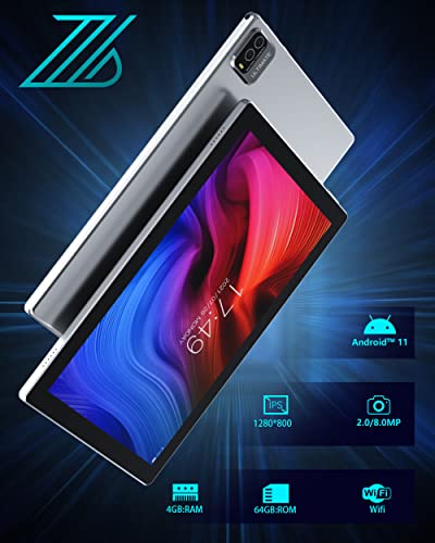 ZZB Tablet 10 Inch Android 11 Tablets, 64GB ROM 512GB Expand，6000mah Battery, Quad-Core Processor 4GB RAM Tableta, 8MP Camera WiFi BT GPS FM 10.1'' IPS HD Touch Screen, 10 in Tabletas.