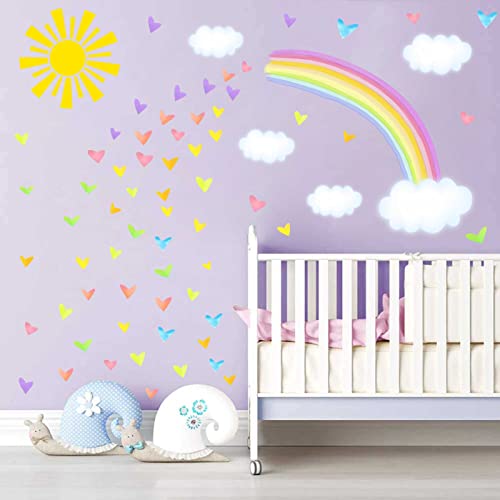 IKEYU Colorful Rainbow Wall Stickers Sun Clouds Wall Decals Watercolor Heart Wall Stickers Large Rainbow Wall Decals for Kids Room Nursery Girls Bedroom Decor