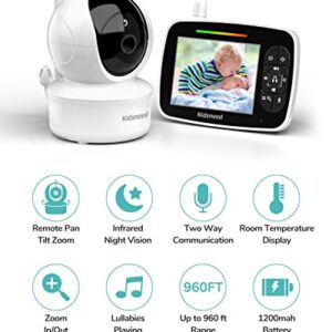 Kidsneed Baby Monitor - 3.5 Inch Video Baby Monitor with Remote Control Pan& Tilt &Zoom Camera, Two-Way Audio, Night Vision, Temperature Monitoring, Lullabies, 960ft Long Range