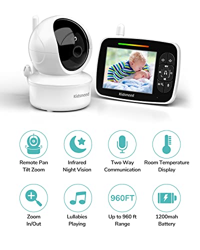 Kidsneed Baby Monitor - 3.5 Inch Video Baby Monitor with Remote Control Pan& Tilt &Zoom Camera, Two-Way Audio, Night Vision, Temperature Monitoring, Lullabies, 960ft Long Range