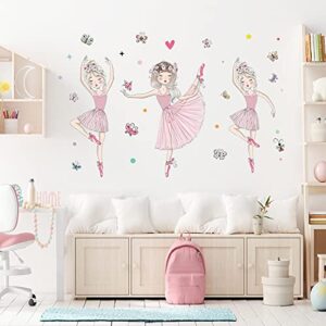 3 Pink Ballerina Baby Girls Wall Stickers, ULENDIS Removable Lovely Ballet Girls with Butterfly Wall Decals, Little Princess Wall Art Decor for Girls Bedroom Living Room Dance Room