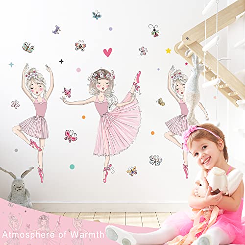 3 Pink Ballerina Baby Girls Wall Stickers, ULENDIS Removable Lovely Ballet Girls with Butterfly Wall Decals, Little Princess Wall Art Decor for Girls Bedroom Living Room Dance Room