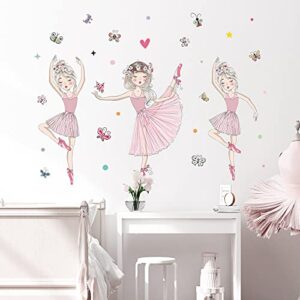 3 Pink Ballerina Baby Girls Wall Stickers, ULENDIS Removable Lovely Ballet Girls with Butterfly Wall Decals, Little Princess Wall Art Decor for Girls Bedroom Living Room Dance Room