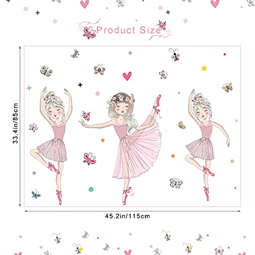 3 Pink Ballerina Baby Girls Wall Stickers, ULENDIS Removable Lovely Ballet Girls with Butterfly Wall Decals, Little Princess Wall Art Decor for Girls Bedroom Living Room Dance Room