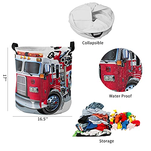 Fire Truck Round Laundry Hamper with Handles Cartoon Fire Truck Pattern Red Cool Oxford Fabric Dirty Clothes Hamper Collapsible Storage Basket/Toy Organizer for College Dorms Boys and Girls