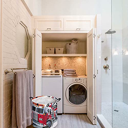 Fire Truck Round Laundry Hamper with Handles Cartoon Fire Truck Pattern Red Cool Oxford Fabric Dirty Clothes Hamper Collapsible Storage Basket/Toy Organizer for College Dorms Boys and Girls