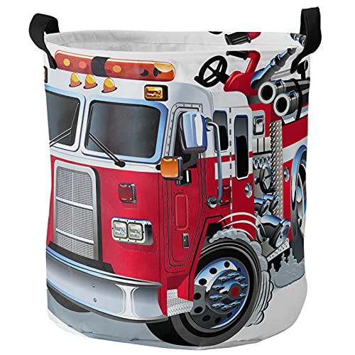 Fire Truck Round Laundry Hamper with Handles Cartoon Fire Truck Pattern Red Cool Oxford Fabric Dirty Clothes Hamper Collapsible Storage Basket/Toy Organizer for College Dorms Boys and Girls