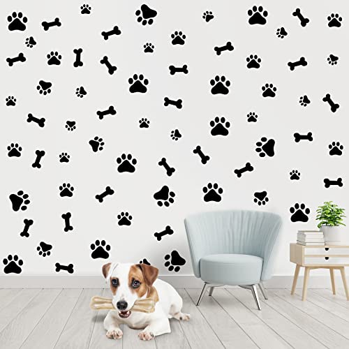 76 Pieces Dog Paw Decal Paw Print Sticker Dog Room Decor for Walls Dog Pup Removable Vinyl Wall Sticker Decoration Animal Footprint for Kid Boy Girl Nursery Bedroom Room Decor Art Mural DIY, Black