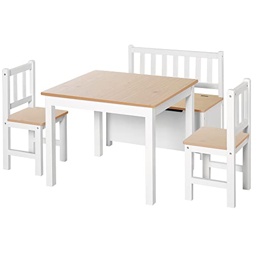 Qaba 4-Piece Kids Table Set with 2 Wooden Chairs, 1 Storage Bench, and Interesting Modern Design, Natural/White