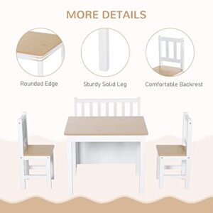 Qaba 4-Piece Kids Table Set with 2 Wooden Chairs, 1 Storage Bench, and Interesting Modern Design, Natural/White