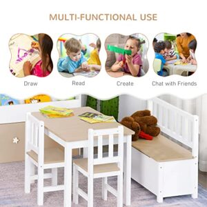 Qaba 4-Piece Kids Table Set with 2 Wooden Chairs, 1 Storage Bench, and Interesting Modern Design, Natural/White