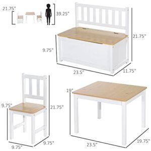 Qaba 4-Piece Kids Table Set with 2 Wooden Chairs, 1 Storage Bench, and Interesting Modern Design, Natural/White