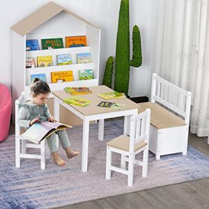 Qaba 4-Piece Kids Table Set with 2 Wooden Chairs, 1 Storage Bench, and Interesting Modern Design, Natural/White